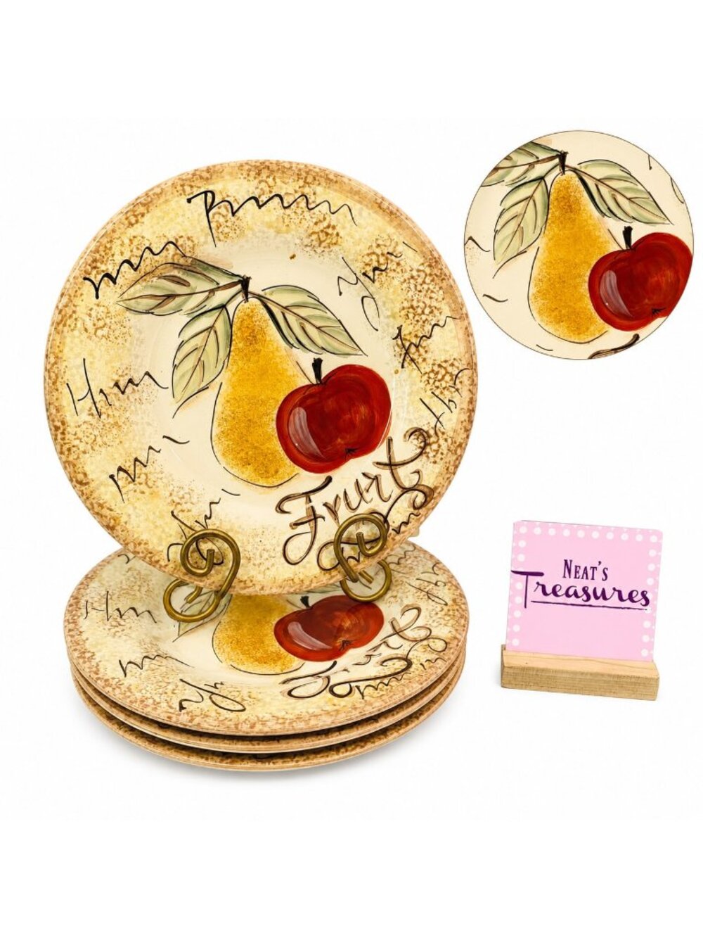 Tabletops Unlimited NAPA Words Fruit Hand Painted Stoneware Dinner Plates Set 4